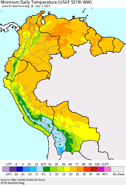 Northern South America Minimum Daily Temperature (USAF 557th WW) Thematic Map For 8/28/2023 - 9/3/2023