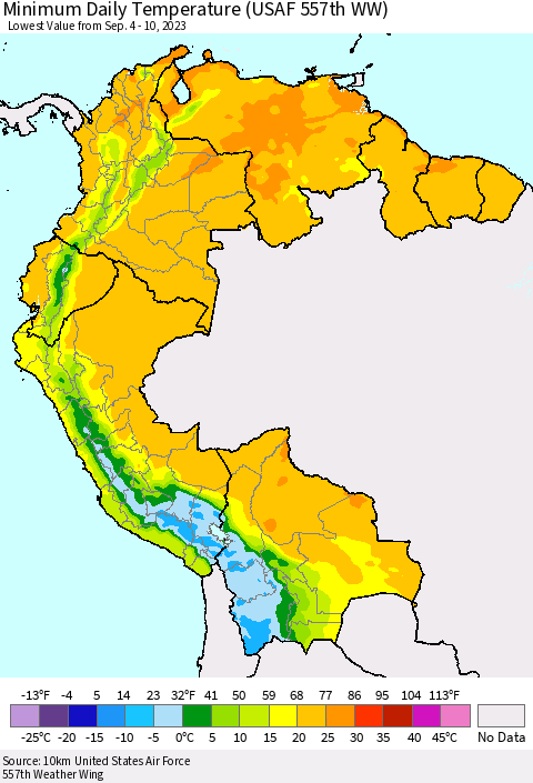 Northern South America Minimum Daily Temperature (USAF 557th WW) Thematic Map For 9/4/2023 - 9/10/2023