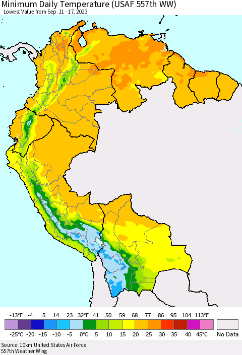 Northern South America Minimum Daily Temperature (USAF 557th WW) Thematic Map For 9/11/2023 - 9/17/2023