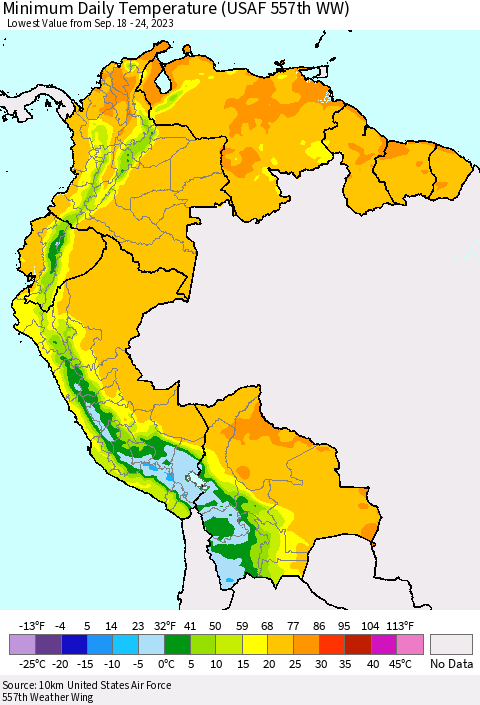 Northern South America Minimum Daily Temperature (USAF 557th WW) Thematic Map For 9/18/2023 - 9/24/2023