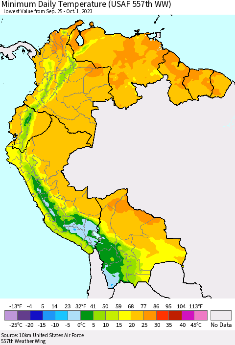 Northern South America Minimum Daily Temperature (USAF 557th WW) Thematic Map For 9/25/2023 - 10/1/2023