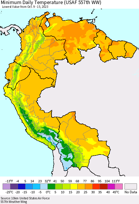Northern South America Minimum Daily Temperature (USAF 557th WW) Thematic Map For 10/9/2023 - 10/15/2023