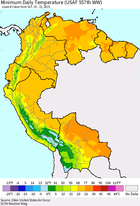 Northern South America Minimum Daily Temperature (USAF 557th WW) Thematic Map For 10/16/2023 - 10/22/2023