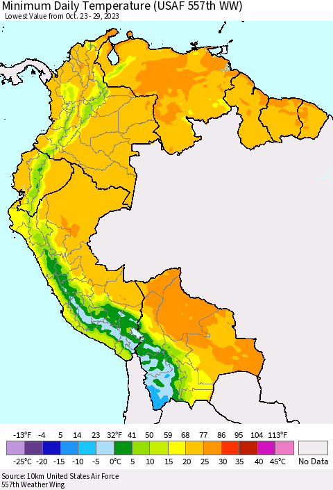 Northern South America Minimum Daily Temperature (USAF 557th WW) Thematic Map For 10/23/2023 - 10/29/2023