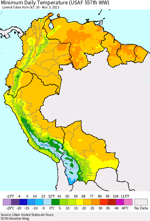 Northern South America Minimum Daily Temperature (USAF 557th WW) Thematic Map For 10/30/2023 - 11/5/2023