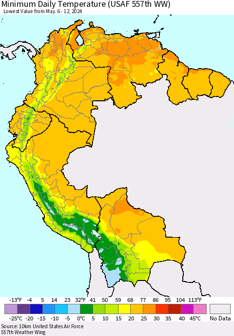 Northern South America Minimum Daily Temperature (USAF 557th WW) Thematic Map For 5/6/2024 - 5/12/2024