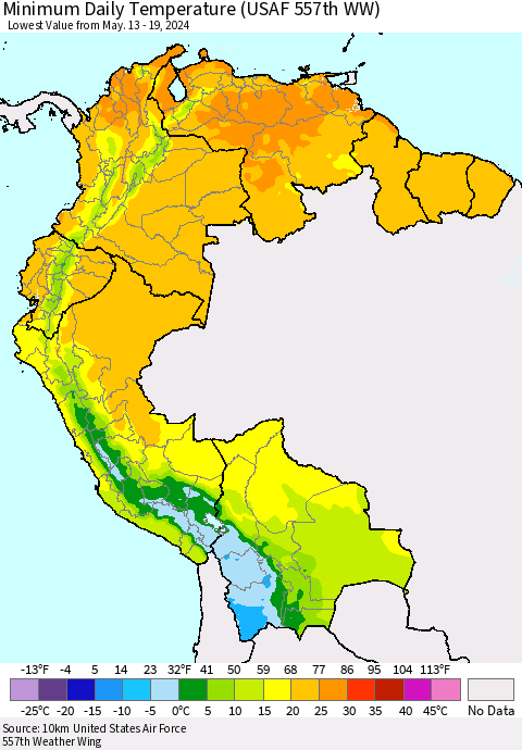 Northern South America Minimum Daily Temperature (USAF 557th WW) Thematic Map For 5/13/2024 - 5/19/2024