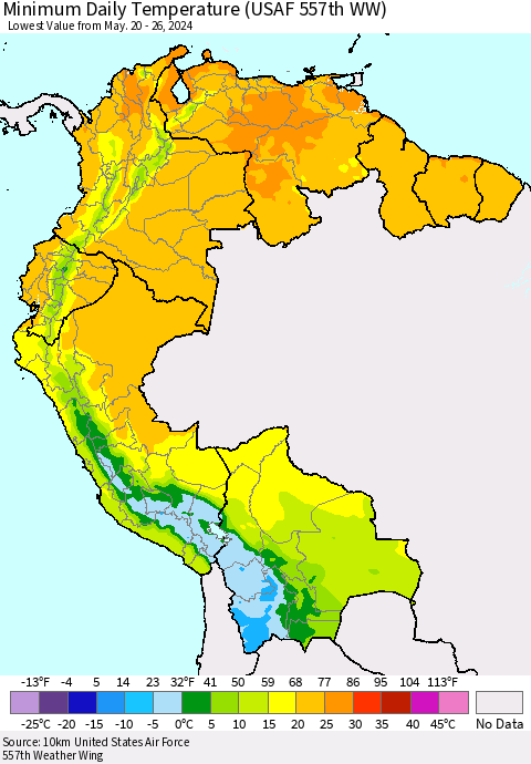 Northern South America Minimum Daily Temperature (USAF 557th WW) Thematic Map For 5/20/2024 - 5/26/2024