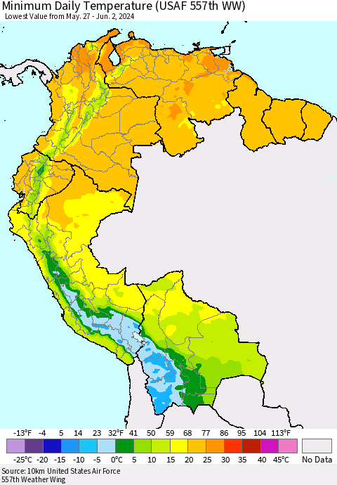 Northern South America Minimum Daily Temperature (USAF 557th WW) Thematic Map For 5/27/2024 - 6/2/2024