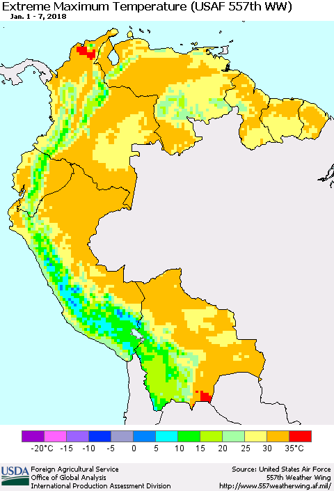Northern South America Maximum Daily Temperature (USAF 557th WW) Thematic Map For 1/1/2018 - 1/7/2018