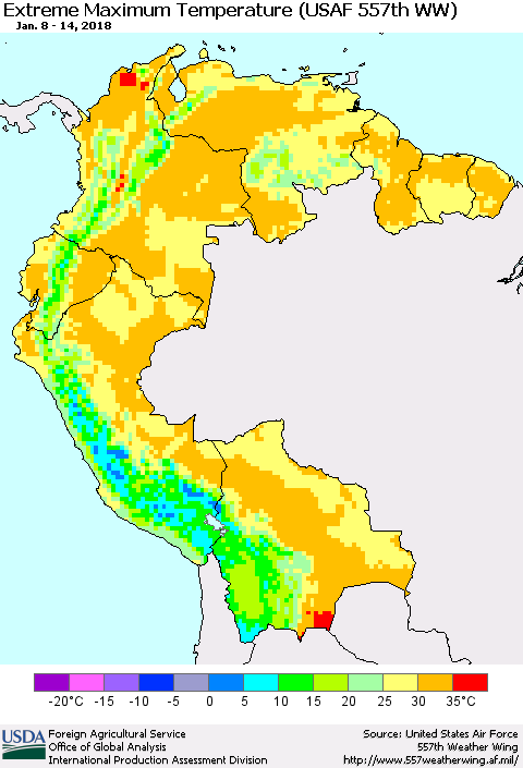 Northern South America Maximum Daily Temperature (USAF 557th WW) Thematic Map For 1/8/2018 - 1/14/2018