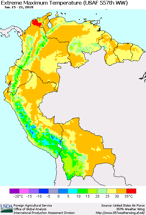 Northern South America Maximum Daily Temperature (USAF 557th WW) Thematic Map For 1/15/2018 - 1/21/2018