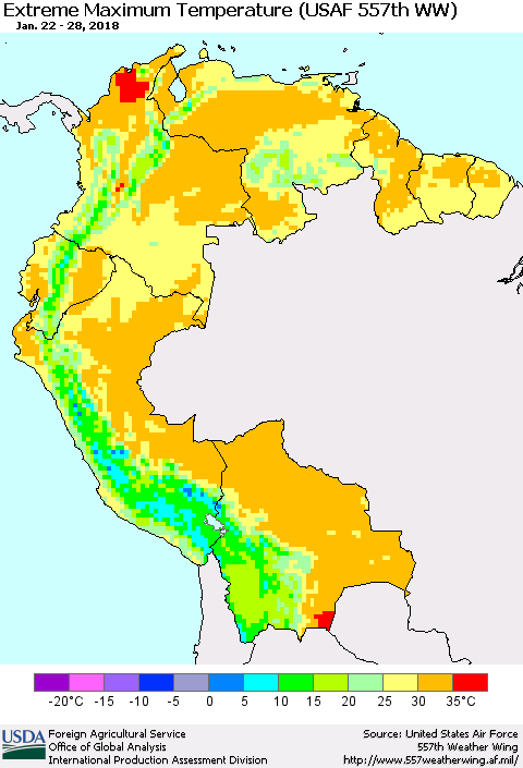 Northern South America Maximum Daily Temperature (USAF 557th WW) Thematic Map For 1/22/2018 - 1/28/2018