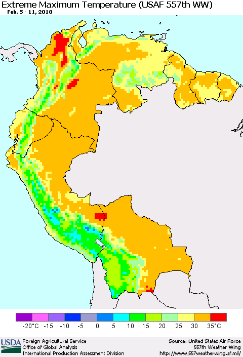 Northern South America Maximum Daily Temperature (USAF 557th WW) Thematic Map For 2/5/2018 - 2/11/2018