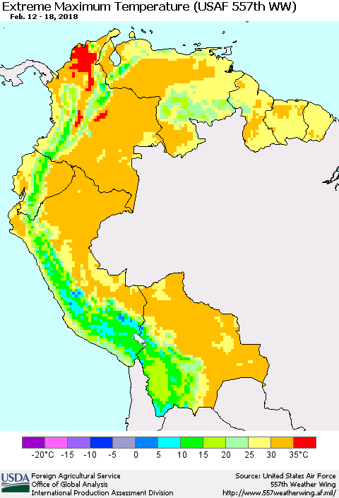 Northern South America Maximum Daily Temperature (USAF 557th WW) Thematic Map For 2/12/2018 - 2/18/2018
