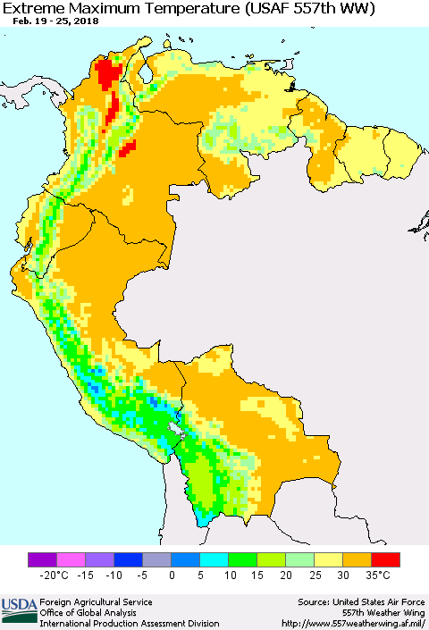Northern South America Maximum Daily Temperature (USAF 557th WW) Thematic Map For 2/19/2018 - 2/25/2018
