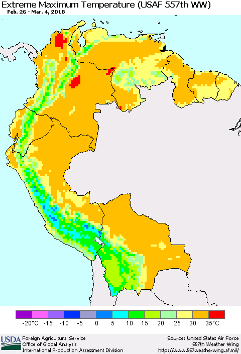 Northern South America Maximum Daily Temperature (USAF 557th WW) Thematic Map For 2/26/2018 - 3/4/2018