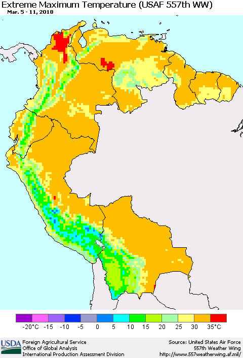 Northern South America Maximum Daily Temperature (USAF 557th WW) Thematic Map For 3/5/2018 - 3/11/2018