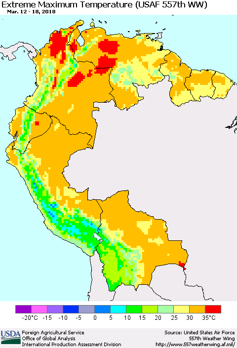 Northern South America Maximum Daily Temperature (USAF 557th WW) Thematic Map For 3/12/2018 - 3/18/2018