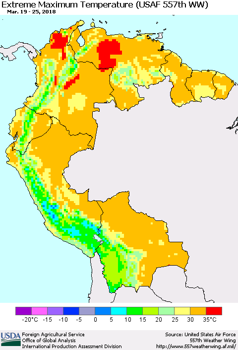 Northern South America Maximum Daily Temperature (USAF 557th WW) Thematic Map For 3/19/2018 - 3/25/2018
