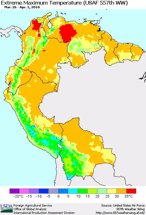 Northern South America Maximum Daily Temperature (USAF 557th WW) Thematic Map For 3/26/2018 - 4/1/2018