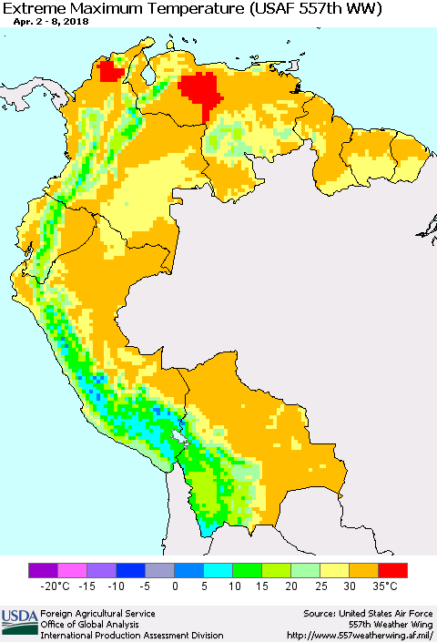 Northern South America Maximum Daily Temperature (USAF 557th WW) Thematic Map For 4/2/2018 - 4/8/2018