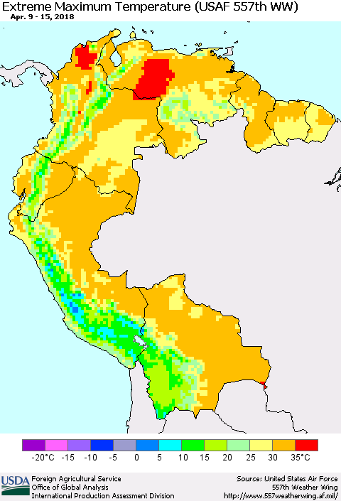 Northern South America Maximum Daily Temperature (USAF 557th WW) Thematic Map For 4/9/2018 - 4/15/2018