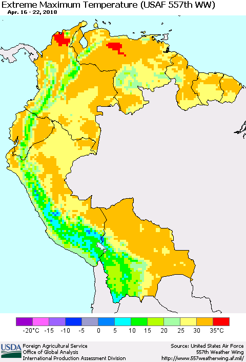 Northern South America Maximum Daily Temperature (USAF 557th WW) Thematic Map For 4/16/2018 - 4/22/2018