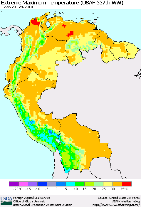 Northern South America Maximum Daily Temperature (USAF 557th WW) Thematic Map For 4/23/2018 - 4/29/2018