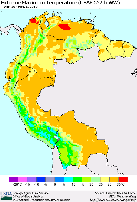 Northern South America Maximum Daily Temperature (USAF 557th WW) Thematic Map For 4/30/2018 - 5/6/2018
