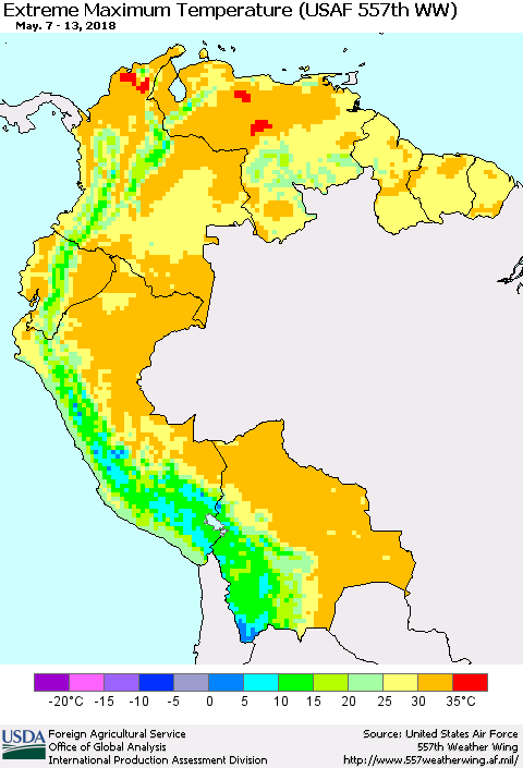 Northern South America Maximum Daily Temperature (USAF 557th WW) Thematic Map For 5/7/2018 - 5/13/2018