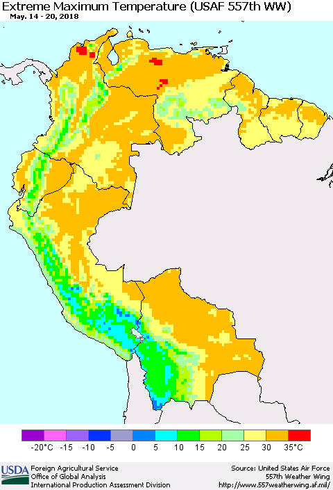 Northern South America Maximum Daily Temperature (USAF 557th WW) Thematic Map For 5/14/2018 - 5/20/2018