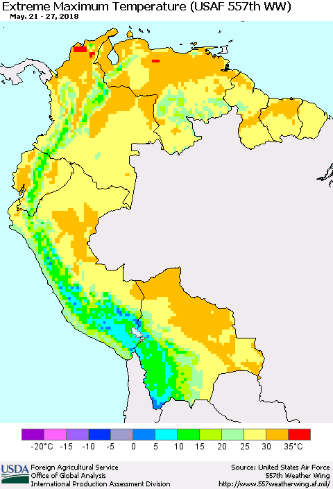 Northern South America Maximum Daily Temperature (USAF 557th WW) Thematic Map For 5/21/2018 - 5/27/2018