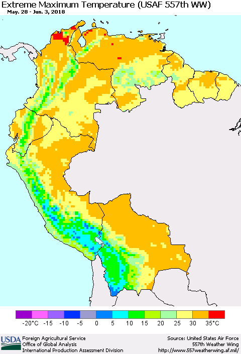 Northern South America Maximum Daily Temperature (USAF 557th WW) Thematic Map For 5/28/2018 - 6/3/2018