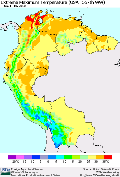 Northern South America Maximum Daily Temperature (USAF 557th WW) Thematic Map For 6/4/2018 - 6/10/2018