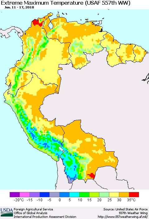 Northern South America Maximum Daily Temperature (USAF 557th WW) Thematic Map For 6/11/2018 - 6/17/2018