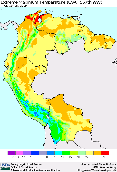 Northern South America Maximum Daily Temperature (USAF 557th WW) Thematic Map For 6/18/2018 - 6/24/2018