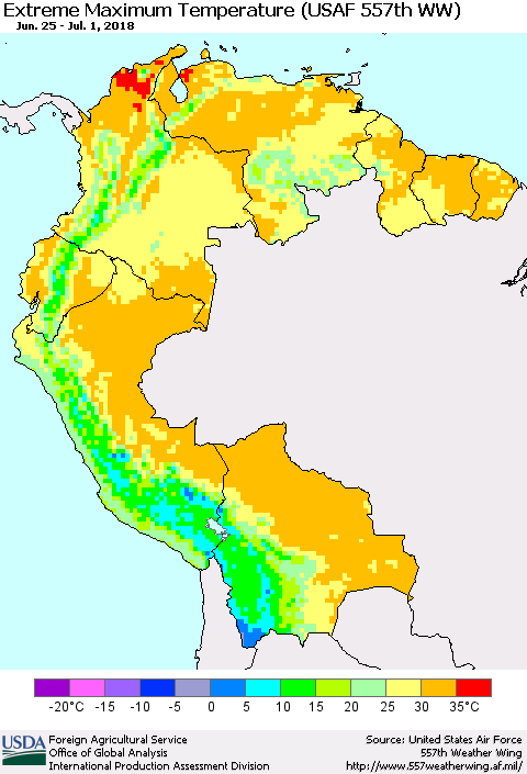 Northern South America Maximum Daily Temperature (USAF 557th WW) Thematic Map For 6/25/2018 - 7/1/2018