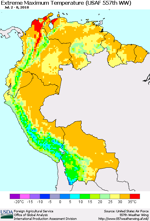 Northern South America Maximum Daily Temperature (USAF 557th WW) Thematic Map For 7/2/2018 - 7/8/2018