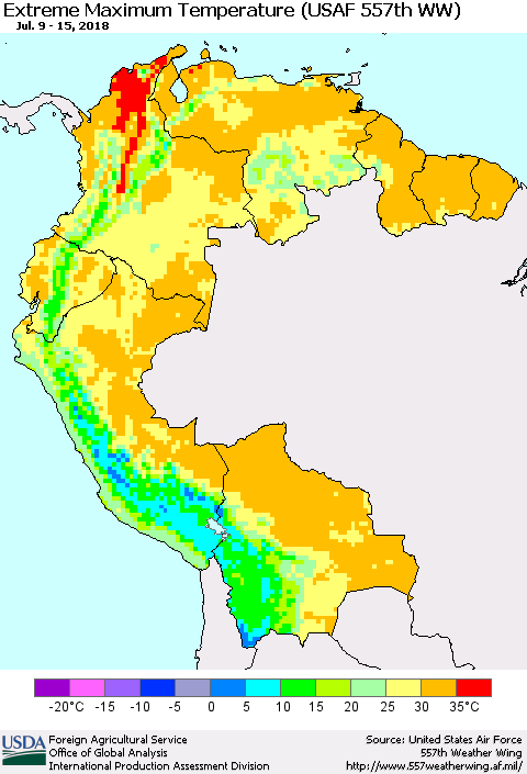 Northern South America Maximum Daily Temperature (USAF 557th WW) Thematic Map For 7/9/2018 - 7/15/2018