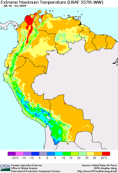Northern South America Maximum Daily Temperature (USAF 557th WW) Thematic Map For 7/16/2018 - 7/22/2018