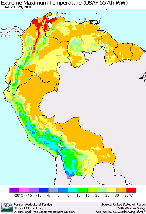 Northern South America Maximum Daily Temperature (USAF 557th WW) Thematic Map For 7/23/2018 - 7/29/2018