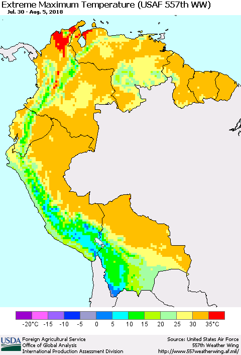 Northern South America Maximum Daily Temperature (USAF 557th WW) Thematic Map For 7/30/2018 - 8/5/2018