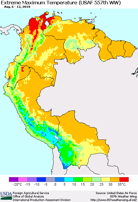 Northern South America Maximum Daily Temperature (USAF 557th WW) Thematic Map For 8/6/2018 - 8/12/2018