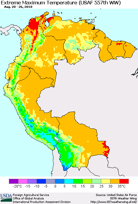 Northern South America Maximum Daily Temperature (USAF 557th WW) Thematic Map For 8/20/2018 - 8/26/2018