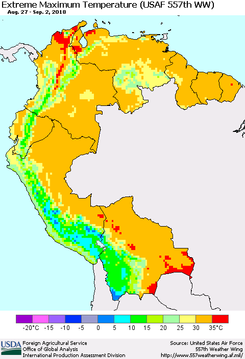 Northern South America Maximum Daily Temperature (USAF 557th WW) Thematic Map For 8/27/2018 - 9/2/2018