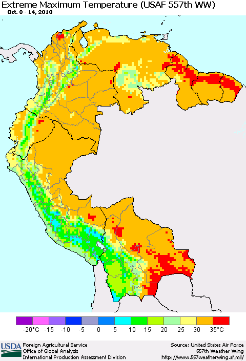 Northern South America Maximum Daily Temperature (USAF 557th WW) Thematic Map For 10/8/2018 - 10/14/2018