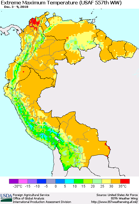 Northern South America Maximum Daily Temperature (USAF 557th WW) Thematic Map For 12/3/2018 - 12/9/2018