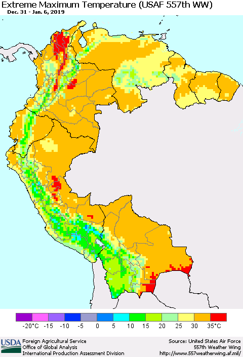 Northern South America Maximum Daily Temperature (USAF 557th WW) Thematic Map For 12/31/2018 - 1/6/2019