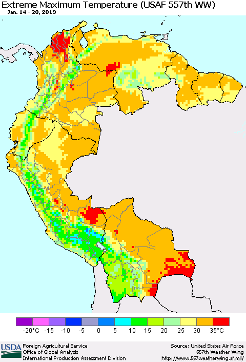 Northern South America Maximum Daily Temperature (USAF 557th WW) Thematic Map For 1/14/2019 - 1/20/2019